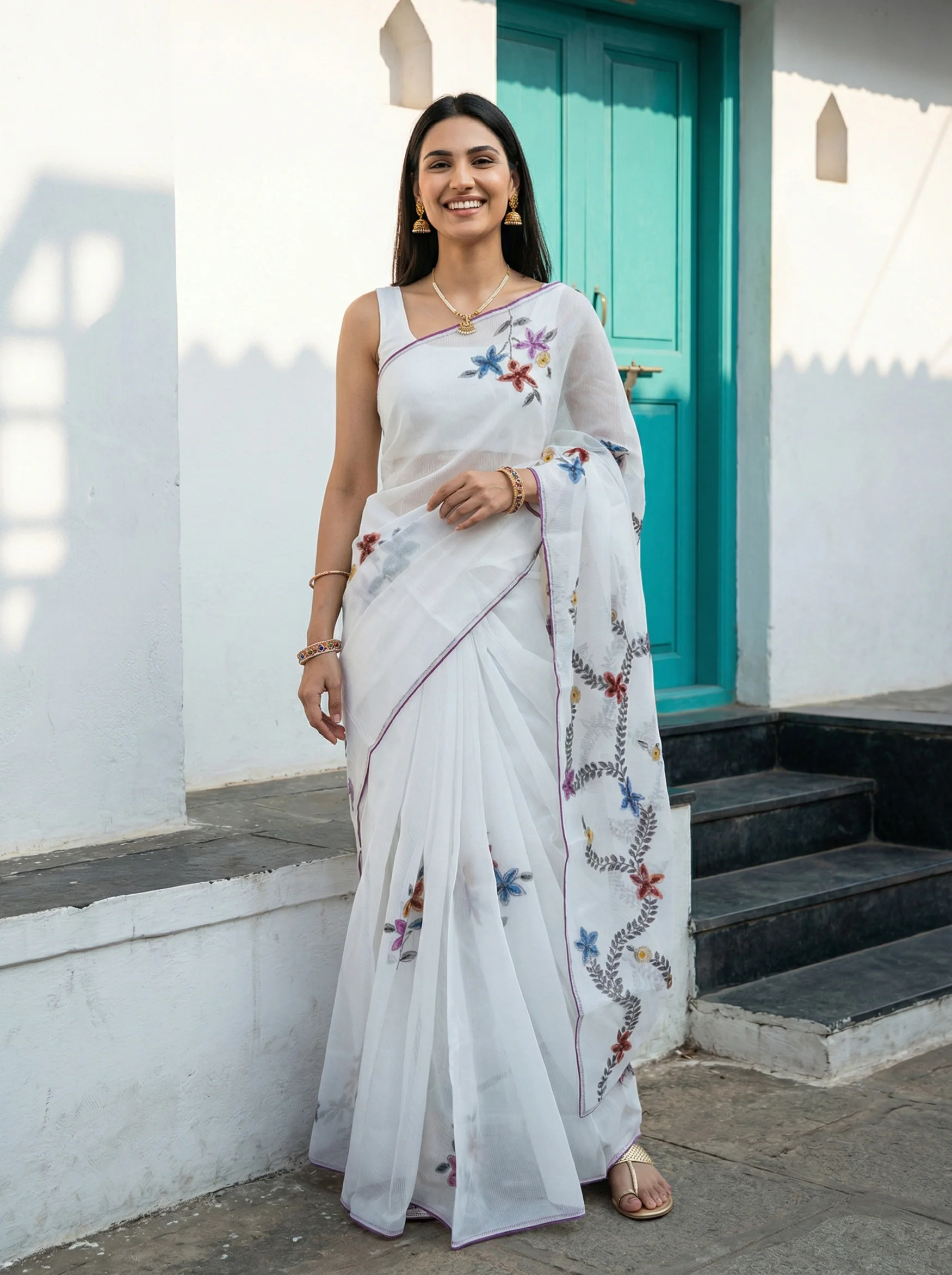 Cotton Pure White Saree with Delicate Floral Work (Alternate)