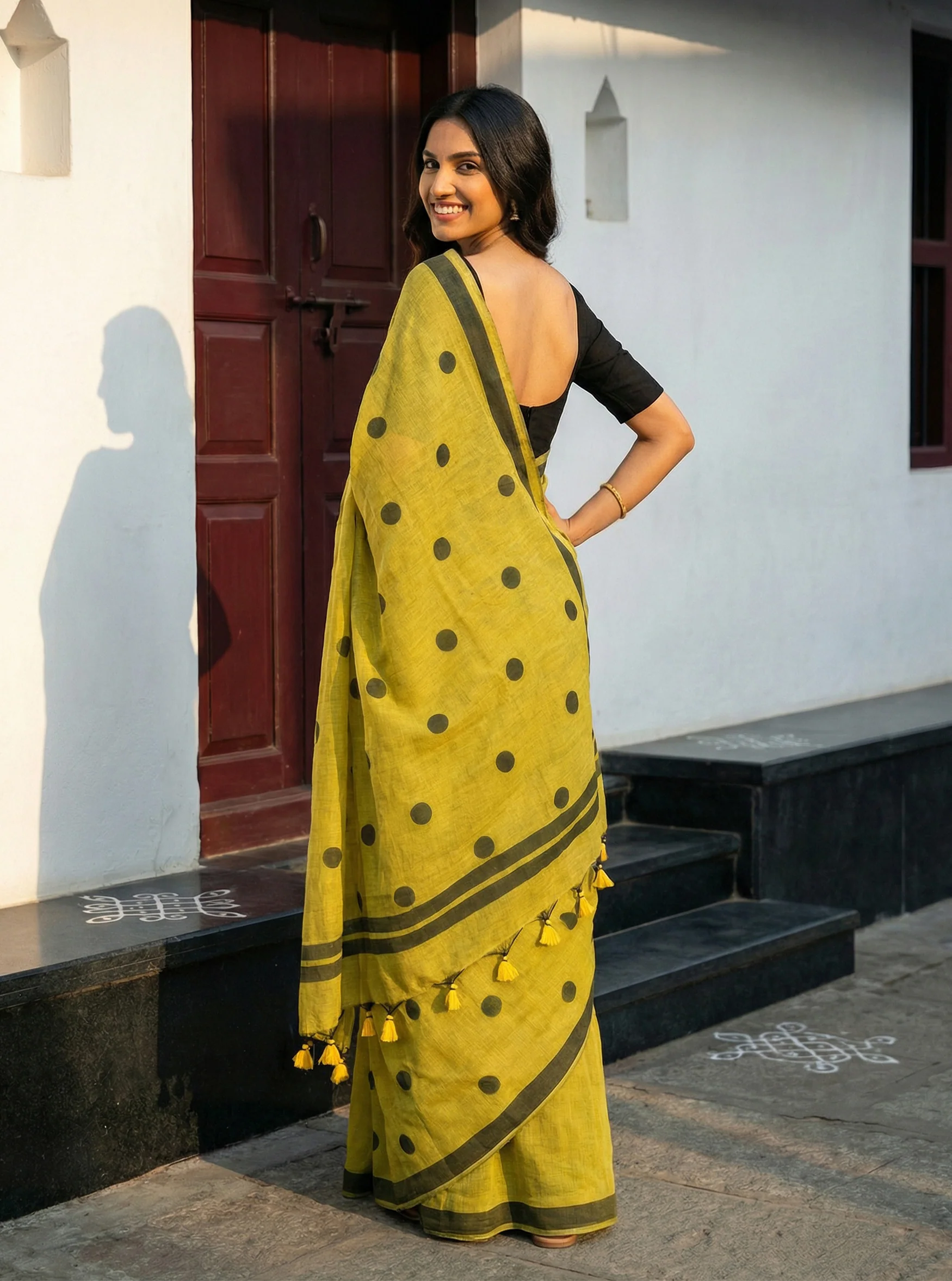 Cotton Mustard Printed Saree with Classic Black Polka Design (Alternate)
