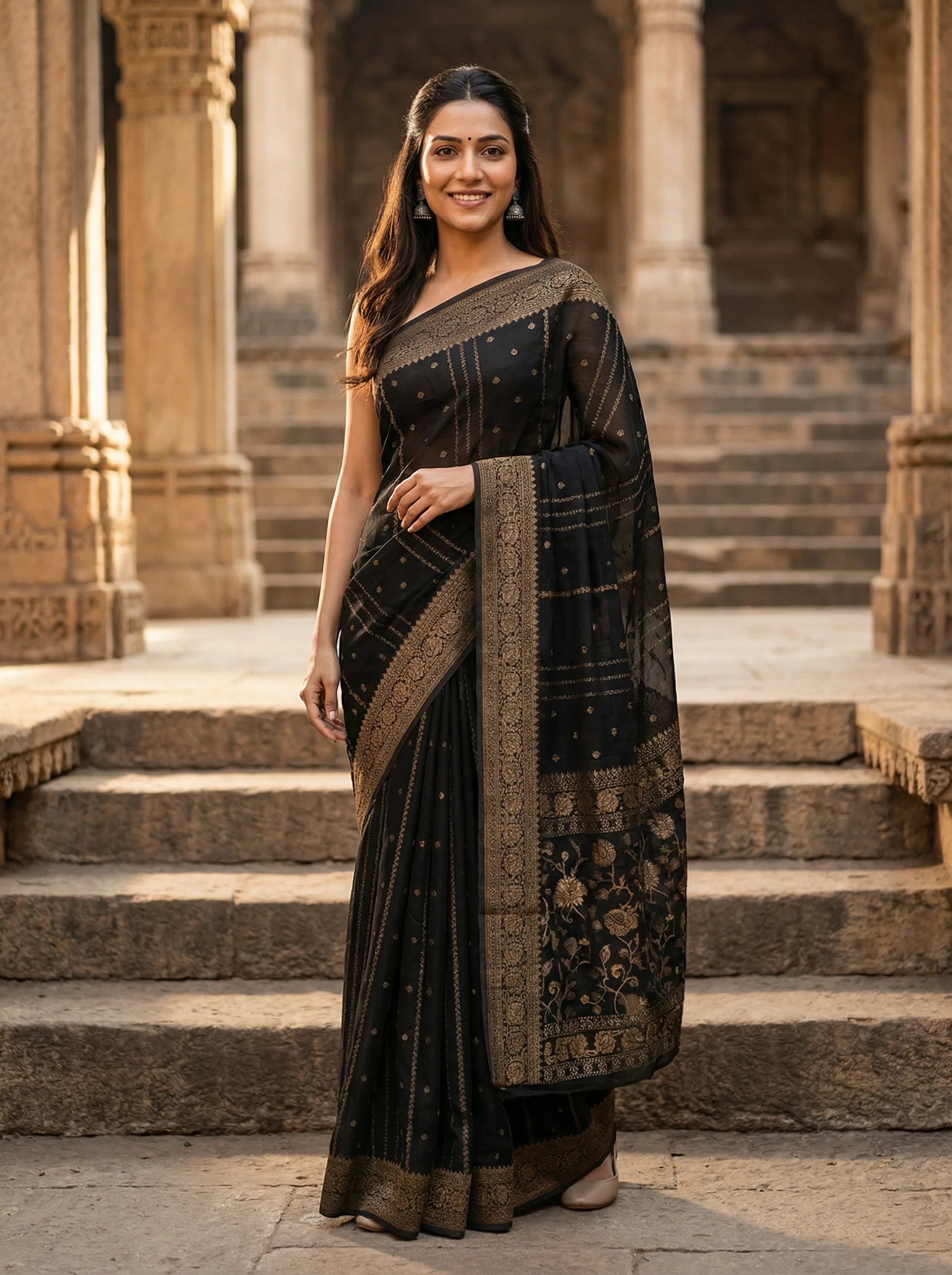 Georgette Banarasi Charcoal Black Gold Zari Stripe Saree