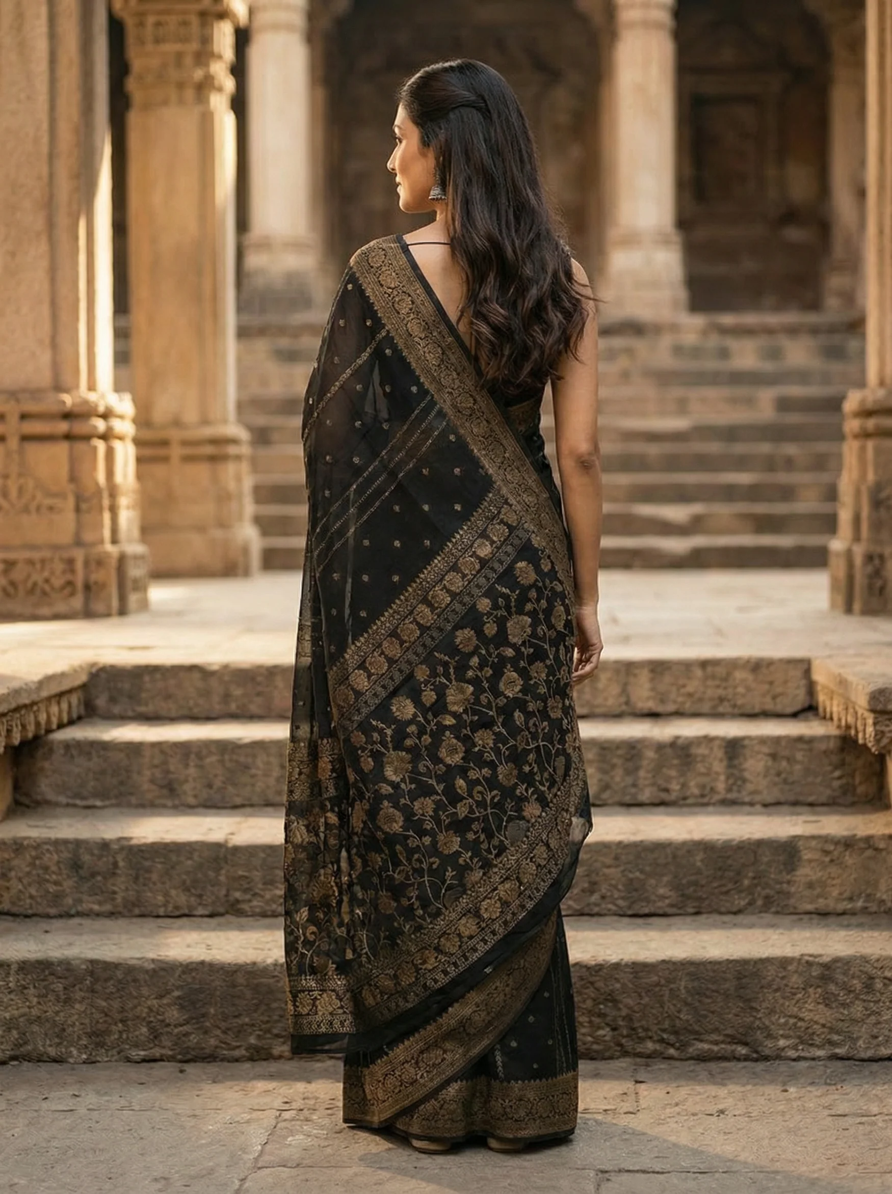 Georgette Banarasi Charcoal Black Gold Zari Stripe Saree (Alternate)